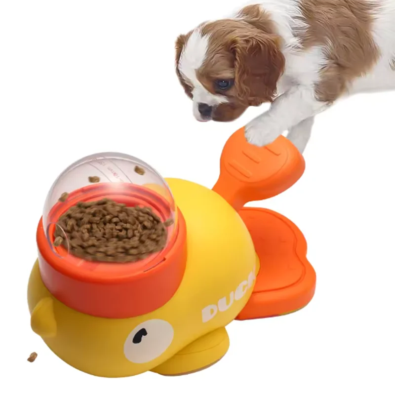 Chien, chat, distributeur de nourriture pour animaux de compagnie, petit canard jaune, machine d'alimentation interactive pour chien, chiot, jouet distributeur de friandises, fond antidérapant