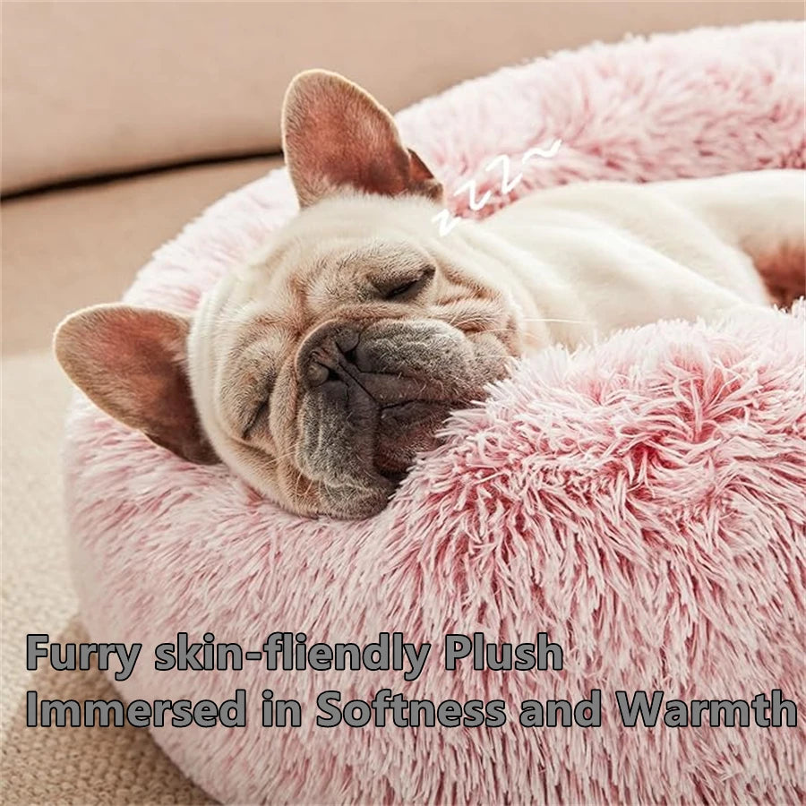 Round Donut Faux Fur Pet Bed for Small to Medium Dogs & Cats