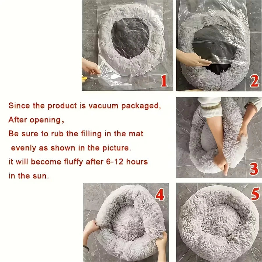 Round Donut Faux Fur Pet Bed for Small to Medium Dogs & Cats